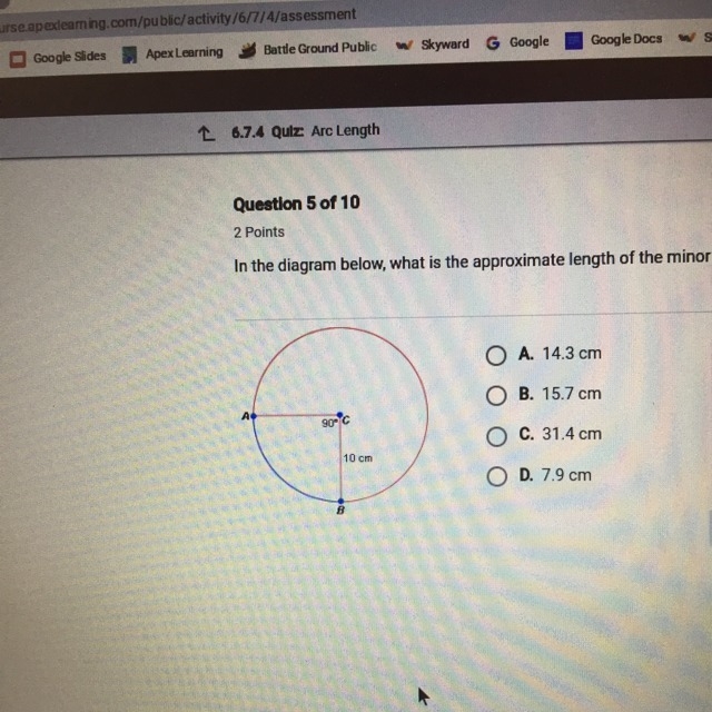 In the diagram below what is the approximate length of the minor arc AB-example-1