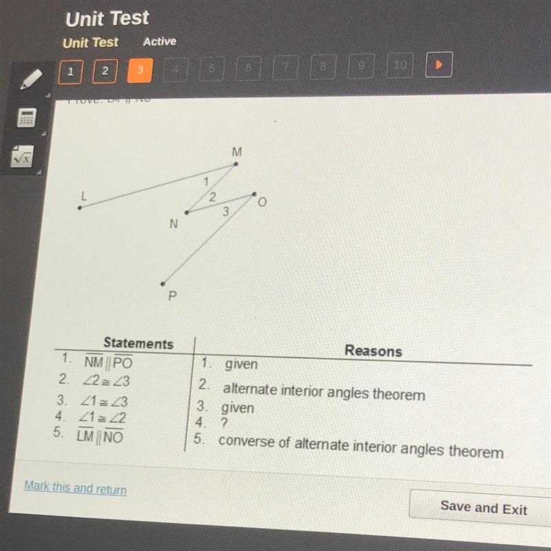 What is the missing proof ? •Given •Transitive property •Alternate interior angles-example-1