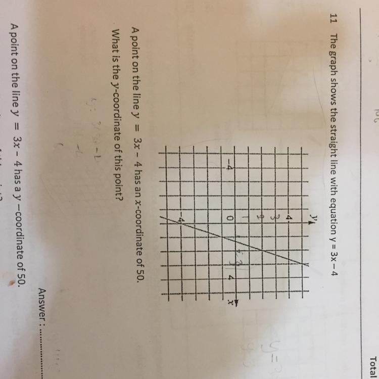 A point on the line y = 3x - 4 has an x-coordinate of 50 What is the y coordinate-example-1