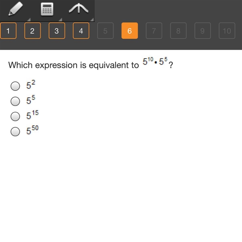 Which expression is equivalent to 5^10•5^5?-example-1