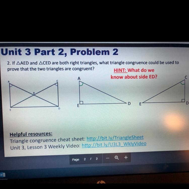 If AED and CED are both right triangles, what triangle congruence could be used to-example-1