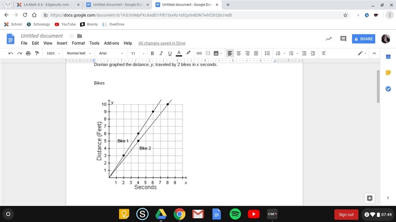 HELPP Dorrian graphed the distance, y, traveled by 2 bikes in x seconds. If the two-example-1