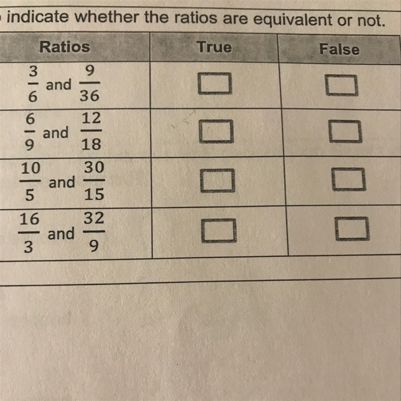 Mark true or false to indicate whether the ratios are equivalent or not PLEASE HELP-example-1