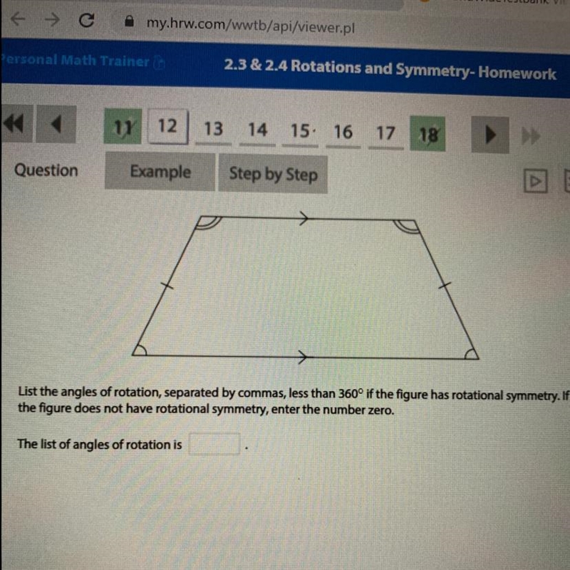 List the angles of rotation, separated by commas, less than 360° if the figure has-example-1