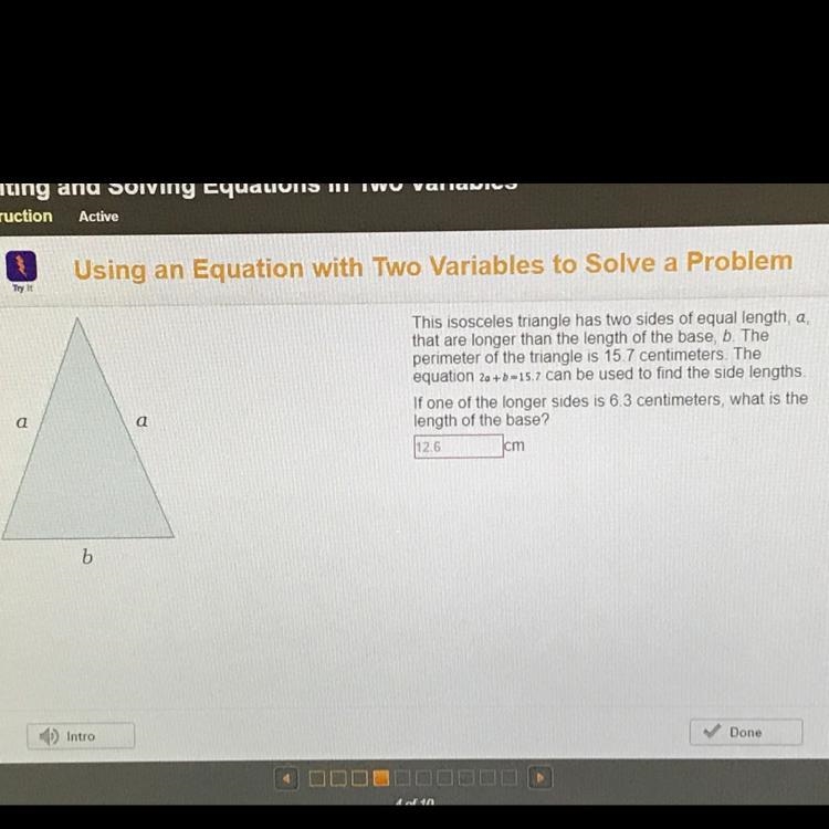 If one of the longer sides is 6.3 centimeters, what is the length of the base-example-1