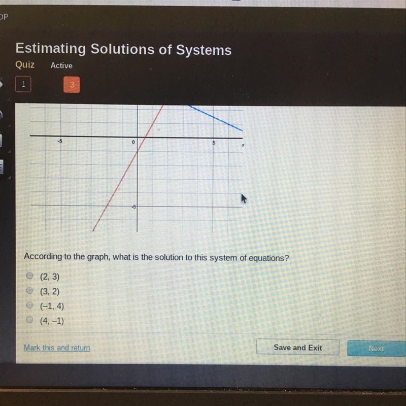 The system of equations y=-1/2 x + 4 and y= 2x - 1 is shown on the graph below According-example-1