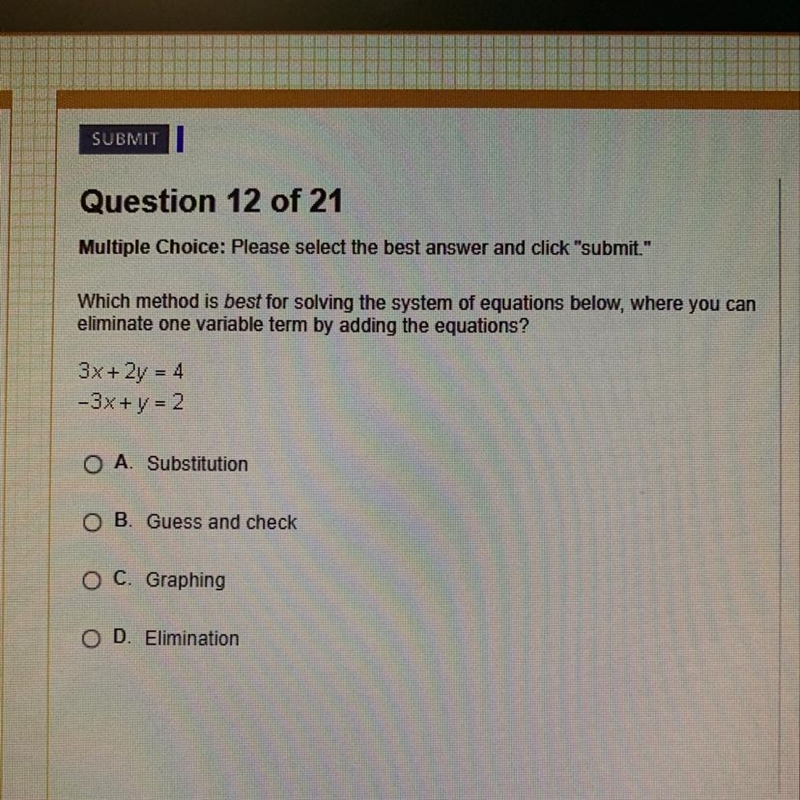 Which method is best for solving the system of equations below, where you can eliminate-example-1