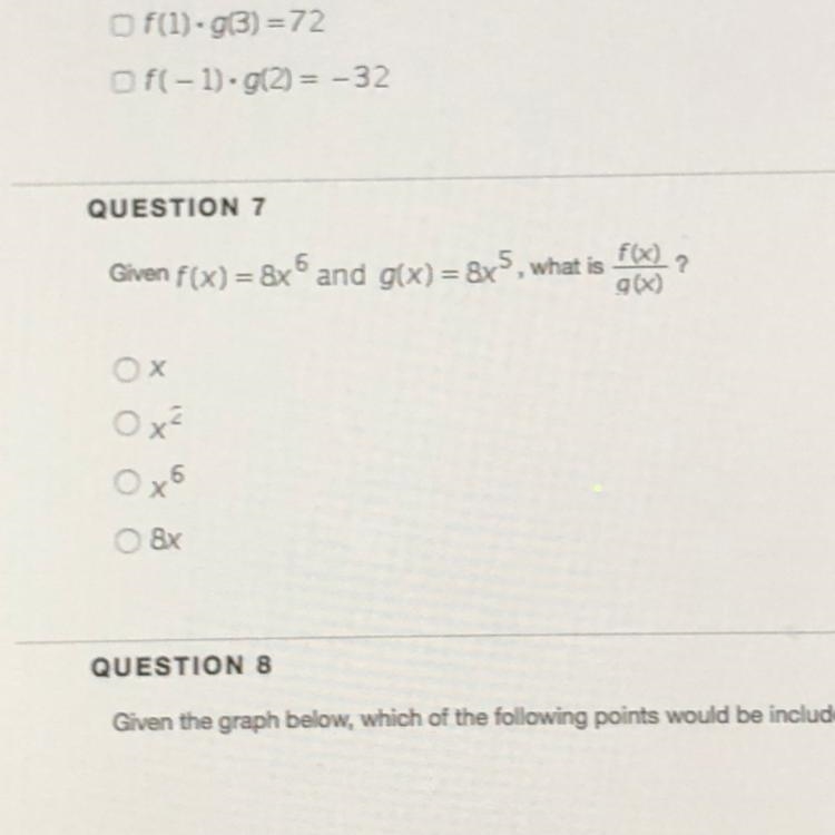 Given f(x) = 8x^6 and g(x) = 8x^5 ,what is f(x)/g(x)?-example-1