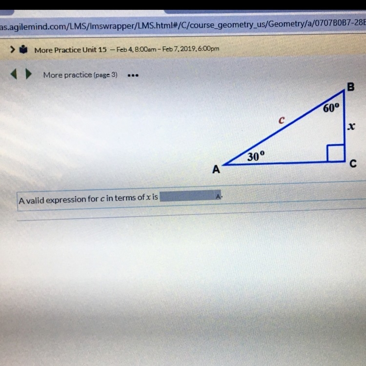 Fill in the blank A valid expression for c in terms of x is ________ Please help this-example-1