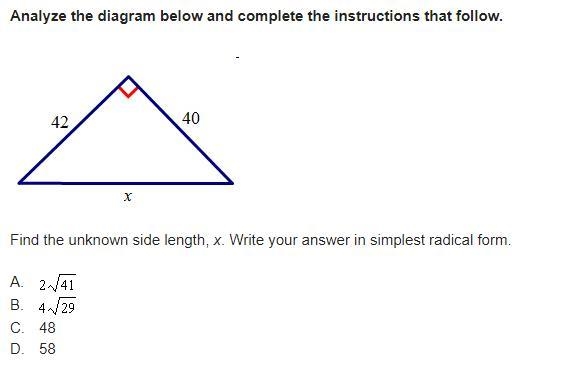 Find the unknown side, x. Write your answer in simplest radical form.-example-1