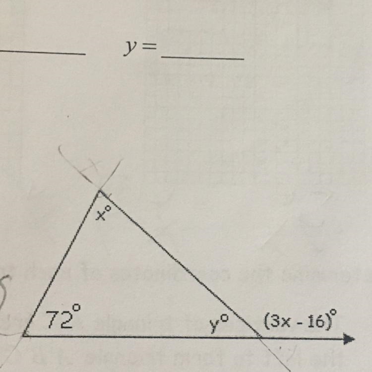 Y+(3x+16)°=180° X°+y°+72°=180° What are x and y?-example-1