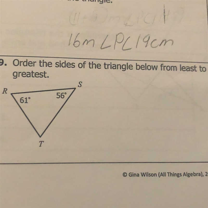 Order the sidess of the triangle below from least to greatest-example-1