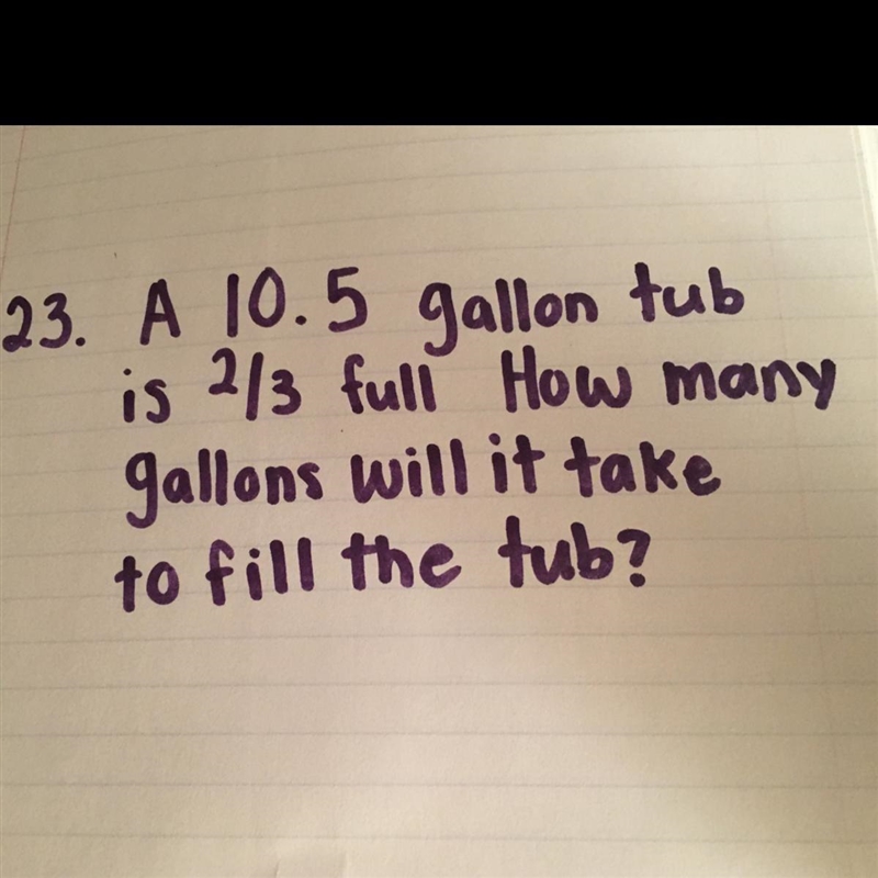 A 10.5 gallon tub is 2/3 full How many gallons will it take to fill the tub?-example-1