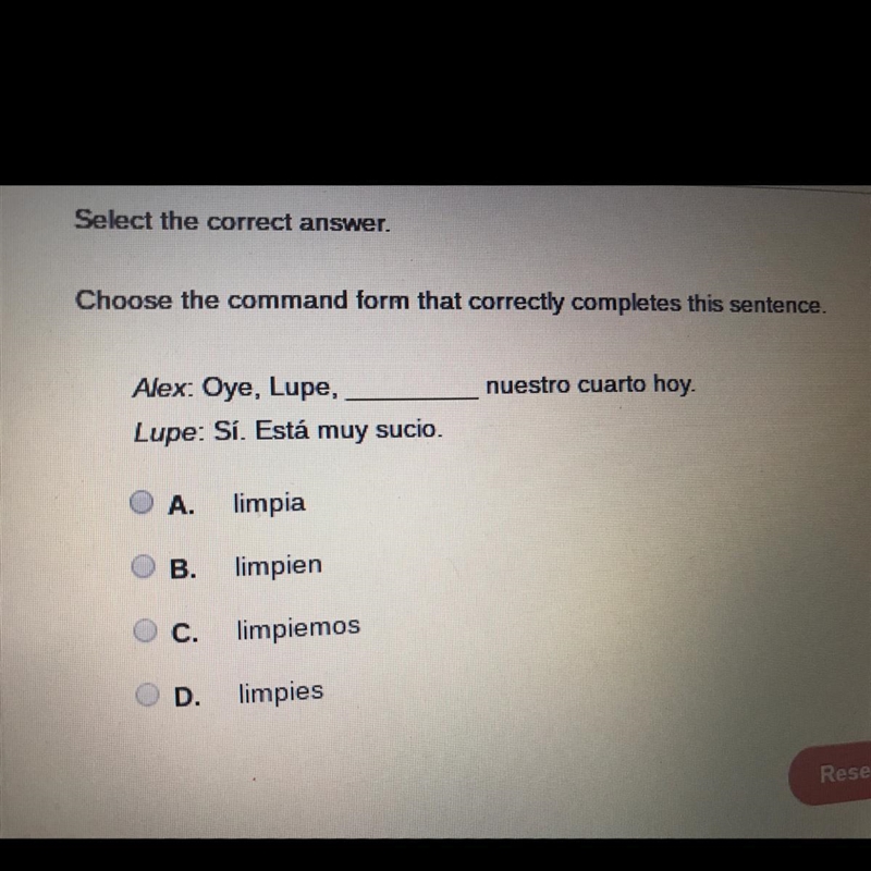 A limpia B limpien C limpiemos D limpies-example-1