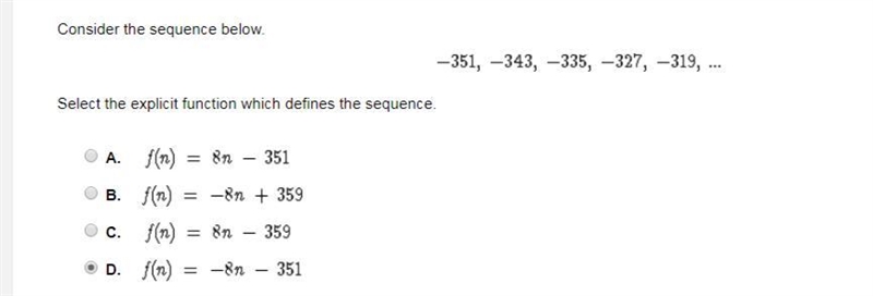 Consider the sequence below. Select the explicit function which defines the sequence-example-1