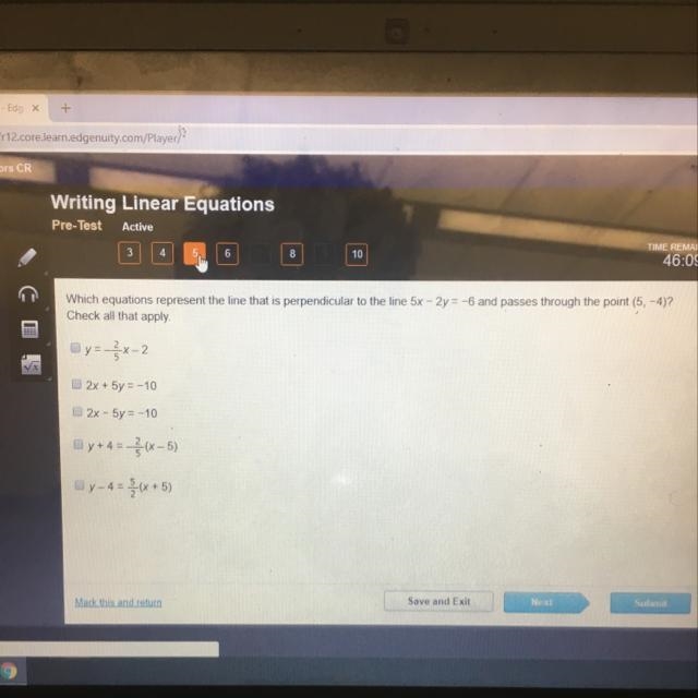 Which equation represent the line that is perpendicular to the line 5x-2y=-6 and passed-example-1