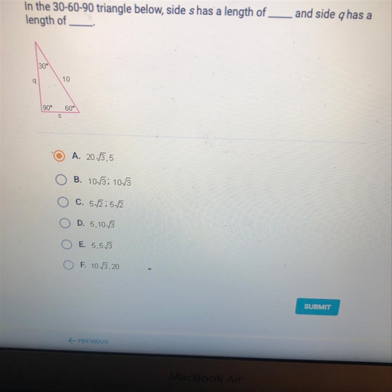 In the 30-60-90 triangle below, side s has a length of _ length of _and side q has-example-1