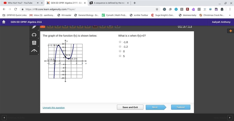 The graph of the function f(x) is shown below. What is x when f(x)=0? -1.8 -1.2 0 5-example-1