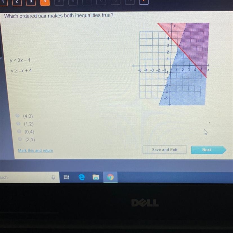 Which ordered pair makes both inequalities true? y < 3x - 1 y2-X + 4 (40) (1.2) (0.4) (2.1)-example-1