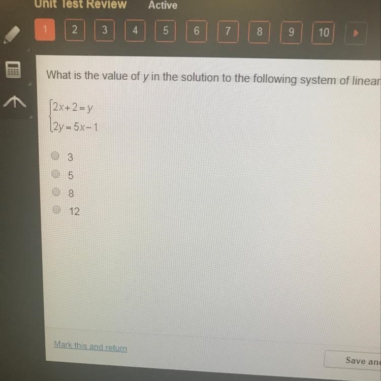 What is the value of y in the following system of linear equations 2x+2=y-example-1