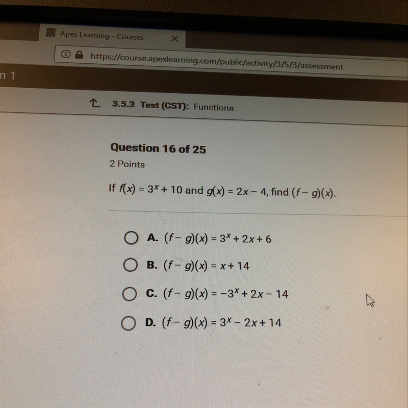 If f(x)=3^x+10 and g(x)=2^x-4, find (f-g)(x)-example-1