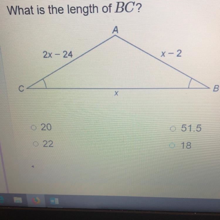 What is the length of BC? 20 22 51.5 18-example-1