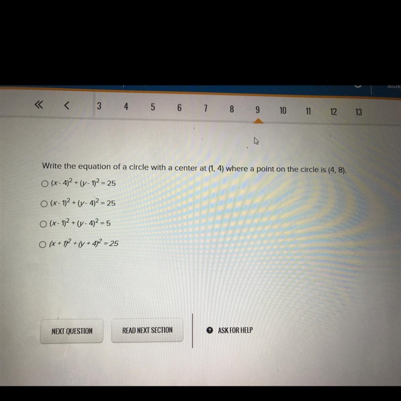 Write the equation of a circle with a center at (1,4) where a point on the circle-example-1