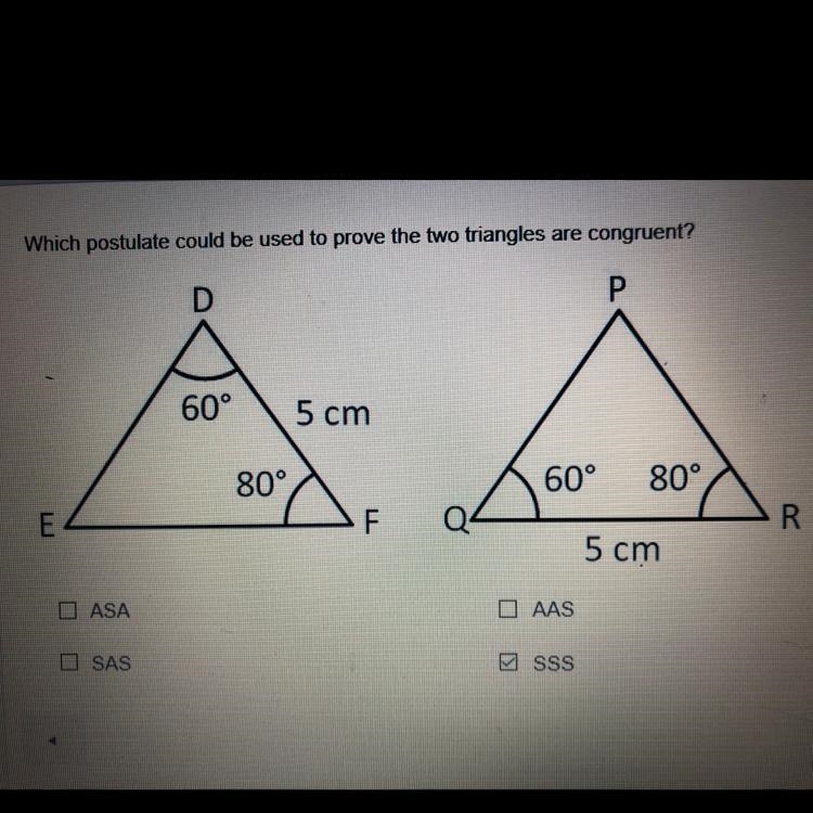 Which postulate could be used to prove the two triangles are congruent? ASA SAS AAS-example-1