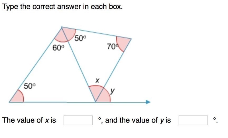 Type the correct answer in each box. The value of x is °, and the value of y is °.-example-1