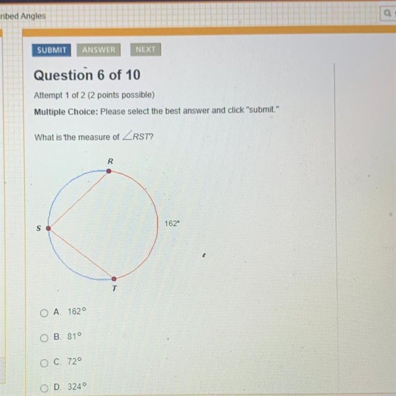 What is the measure of ZRST? Α. 1620 Β. 81ο C. 729 D. 324ο-example-1