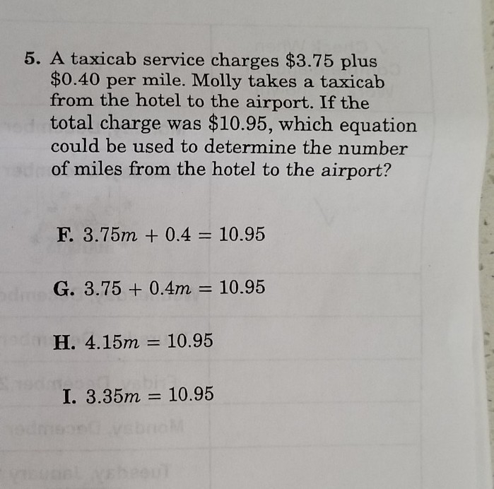 A taxicab service charges $3.75 plus $0.40 per mile. Molly takes a taxicab from the-example-1