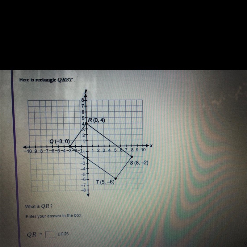 Here is rectangle QRST. What is QR? What is RS? And what is the perimeter of rectangle-example-1