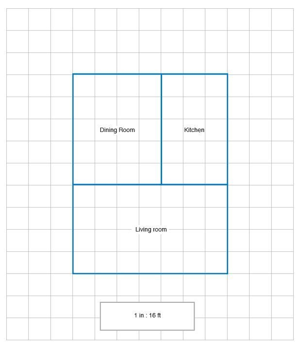 The figure shows a blueprint of a dining room, kitchen, and living room. Each square-example-1