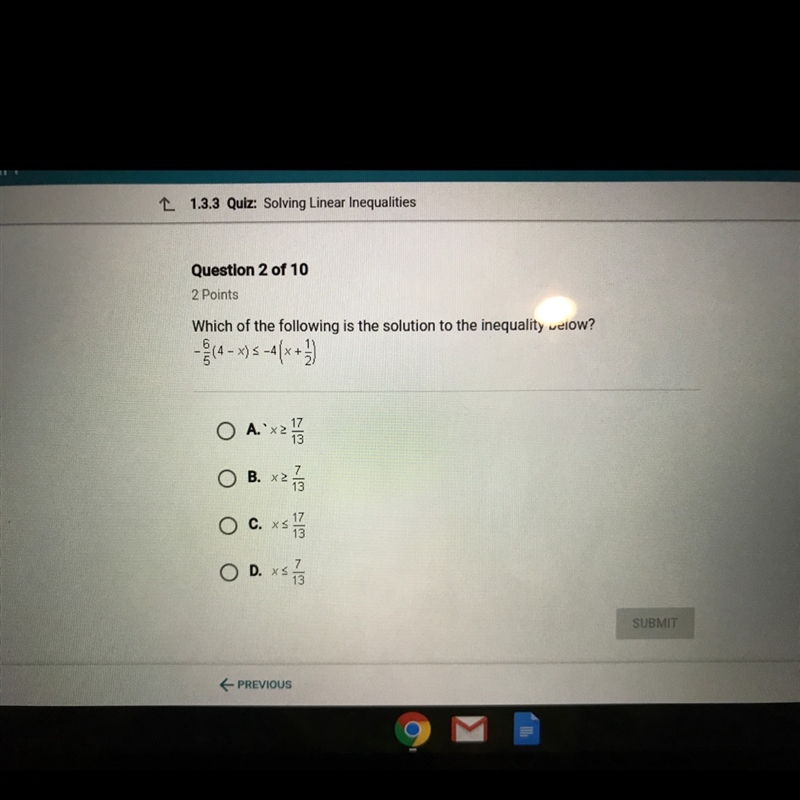 Which of the following is the solution to the inequality below ? -6/5(4-x)<_-4(X-example-1