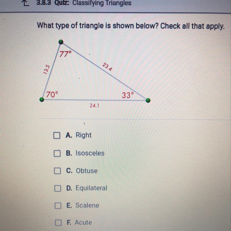 What type of triangle is shown below? Check all that apply. A. Right B. Isosceles-example-1