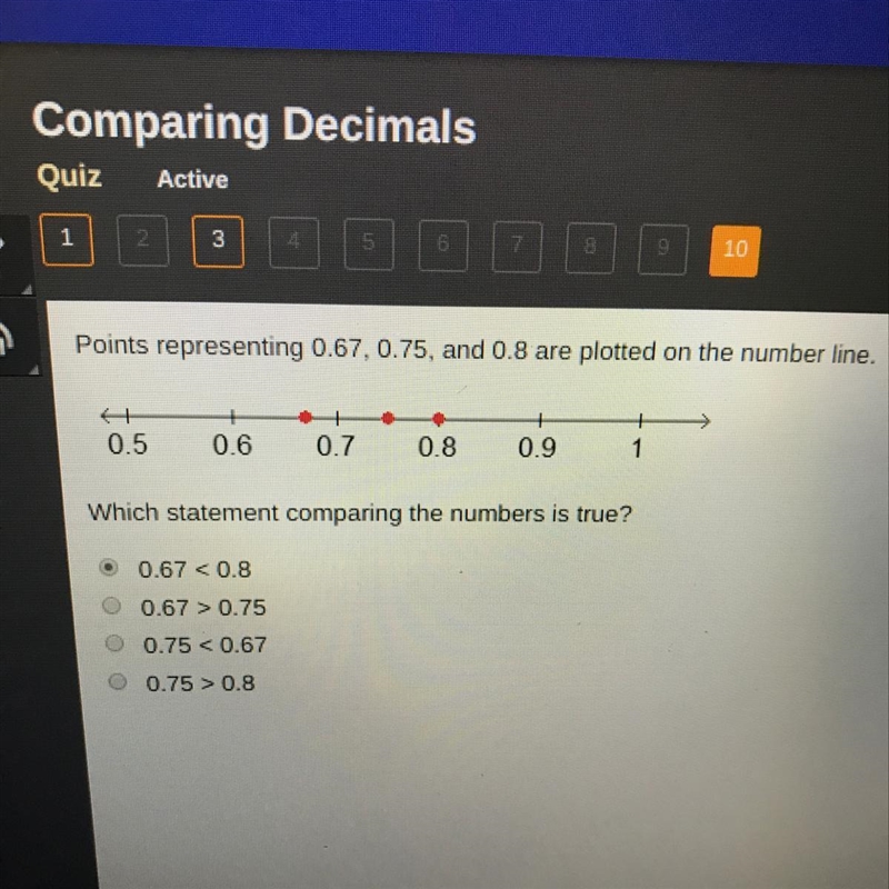 Comparing Decimals 2OOOOO20 Quiz Active Points representing 0.67, 0.75, and 0.8 are-example-1