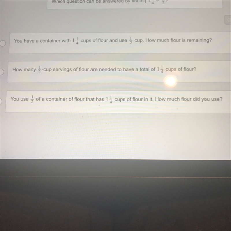 Which question can be answered by finding 1 1/4 divided by 1/2-example-1