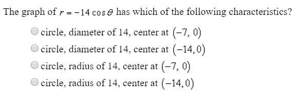 The graph of r=-14 cos theta has which of the following characteristics?-example-1