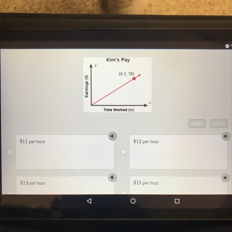 Kim is paid $78 for 6.5 hours of work. What is her rate of pay per hour?-example-1