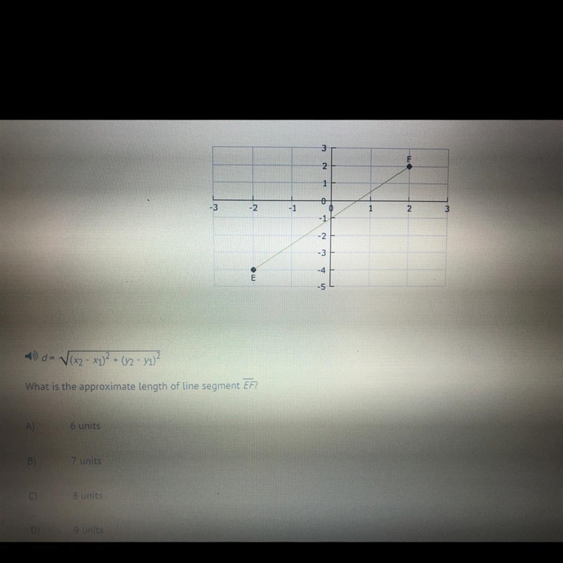 D= V(x2 - 1)2 + (12 - y1)? What is the approximate length of line segment EF? 6 units-example-1