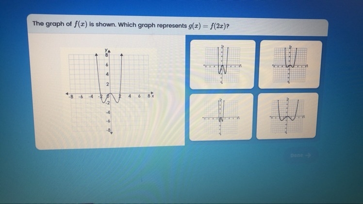 The graph of f (x) is shown. Which graph represents g(x) = f(2x)-example-1