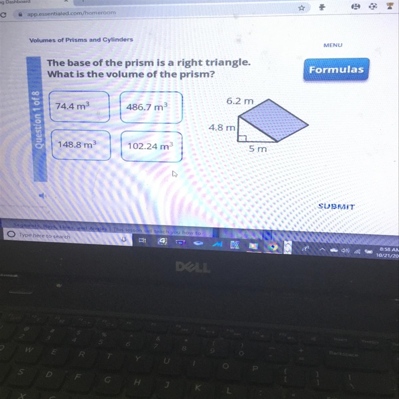 The base of The prism is a right Triangle what is The volume of The prism-example-1