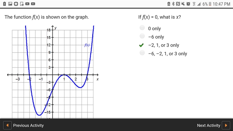 If f(x) = 0, what is x? 0 only –6 only –2, 1, or 3 only –6, –2, 1, or 3 only-example-1