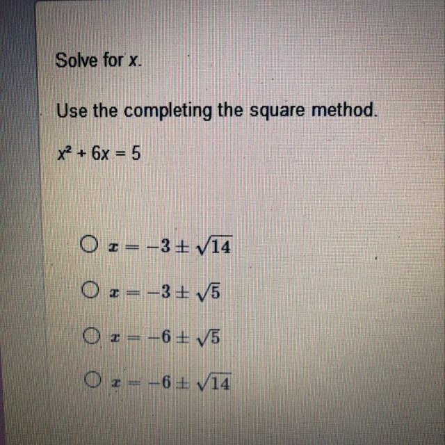 Solve for x use the completing the square method x^2+6x=5-example-1