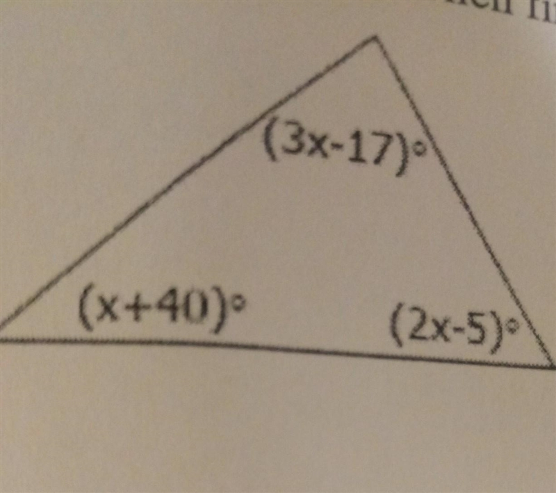 Find the value of x. Then find the measure of each interior angle​-example-1