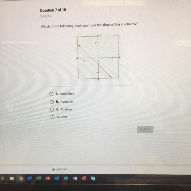 Which of the following best describes the slope of the line below? O A. Undefined-example-1