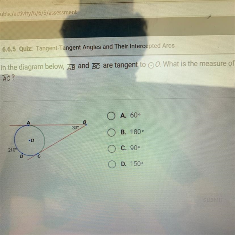 In the diagram below, AB and bc are tangent to o. What is the measure of ac?-example-1