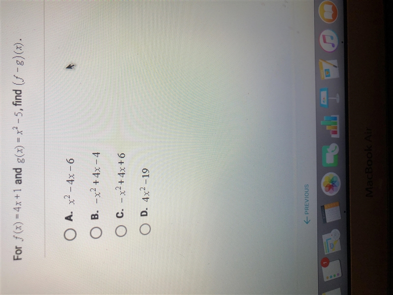 For f(x)=4x+1 and g(x)=x^2-5, find (f-g)(x).-example-1