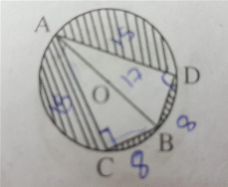 Find the area of the shaded region in the figure given here, if BC = BD = 8 cm, AC-example-1