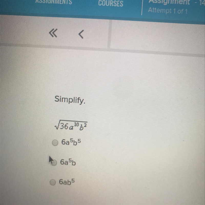 Simplify 36a^10b^2 Help please-example-1